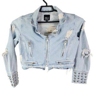 Womens BBJ Distressed Blue Denim Crop Jacket Studded Cuffs Full Zip Size S